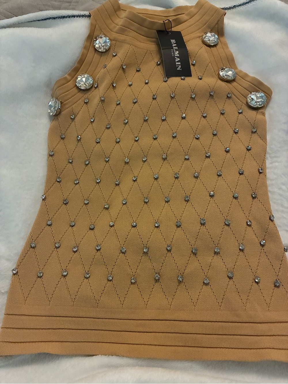 Balmain Tan Beaded Sleeveless Sweater Top